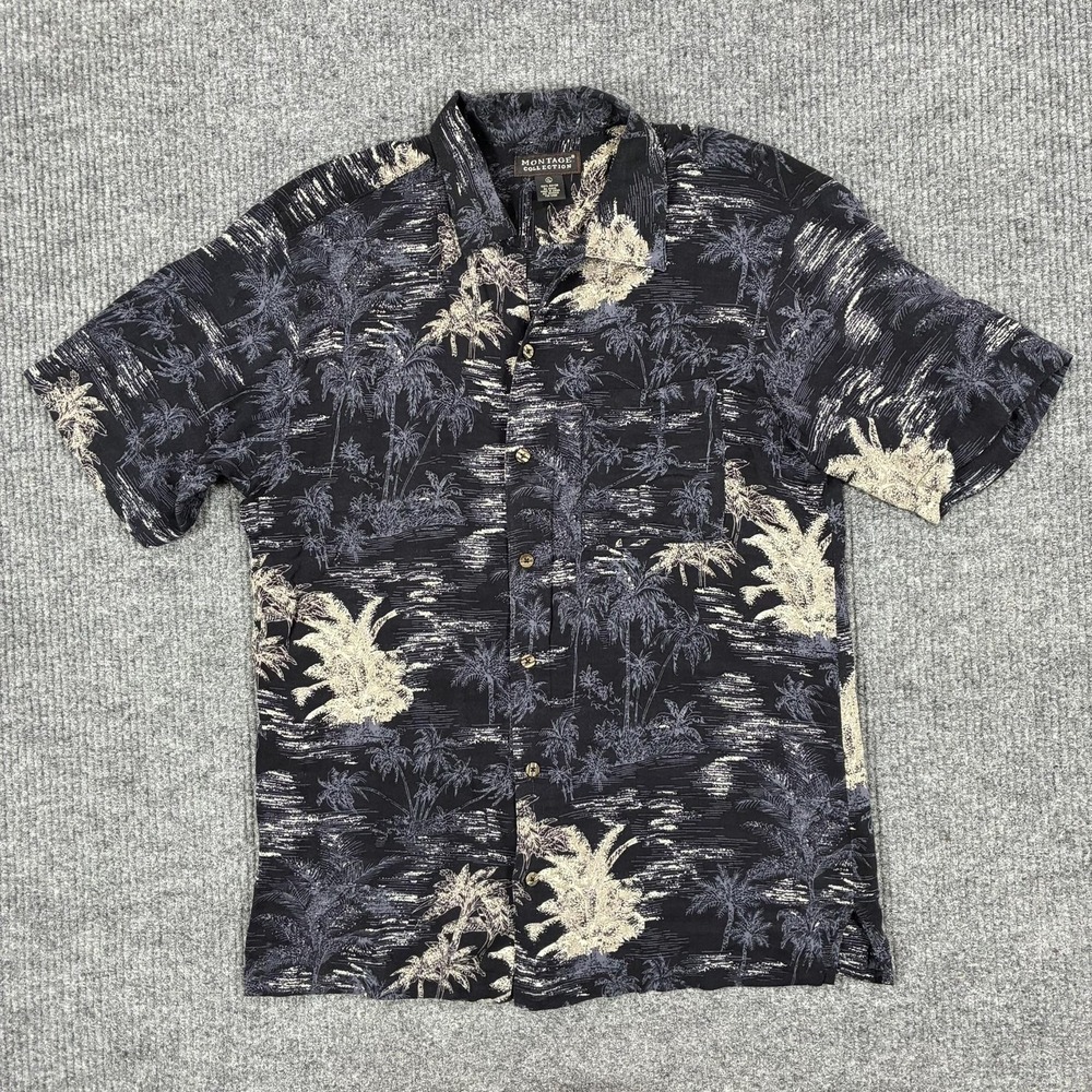 Montage Collection Hawaiian Shirt Mens XL Black Tropical Palm Rayon Button Up